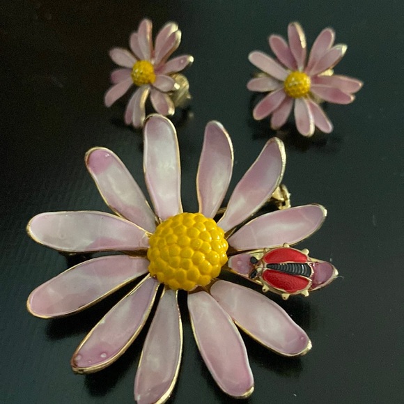 Vintage Jewelry - Purple Daisy with Ladybug Brooch matching Clip on earrings